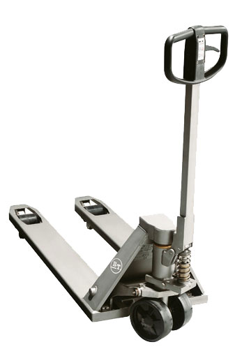 Stainless steel or galvanised hand pallet truck for operations in wet and clean environments