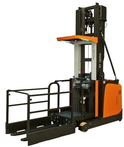 Compact high-level order picker for narrow aisle material handling operations